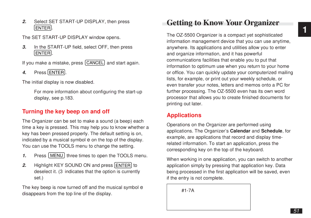 Sharp OZ-5500 operation manual Getting to Know Your Organizer, Turning the key beep on and off, Applications 