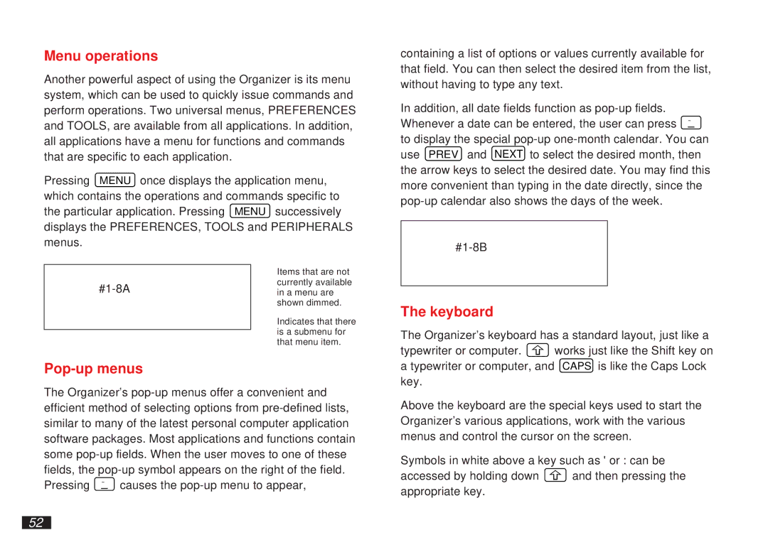 Sharp OZ-5500 operation manual Menu operations, Pop-up menus, Keyboard 