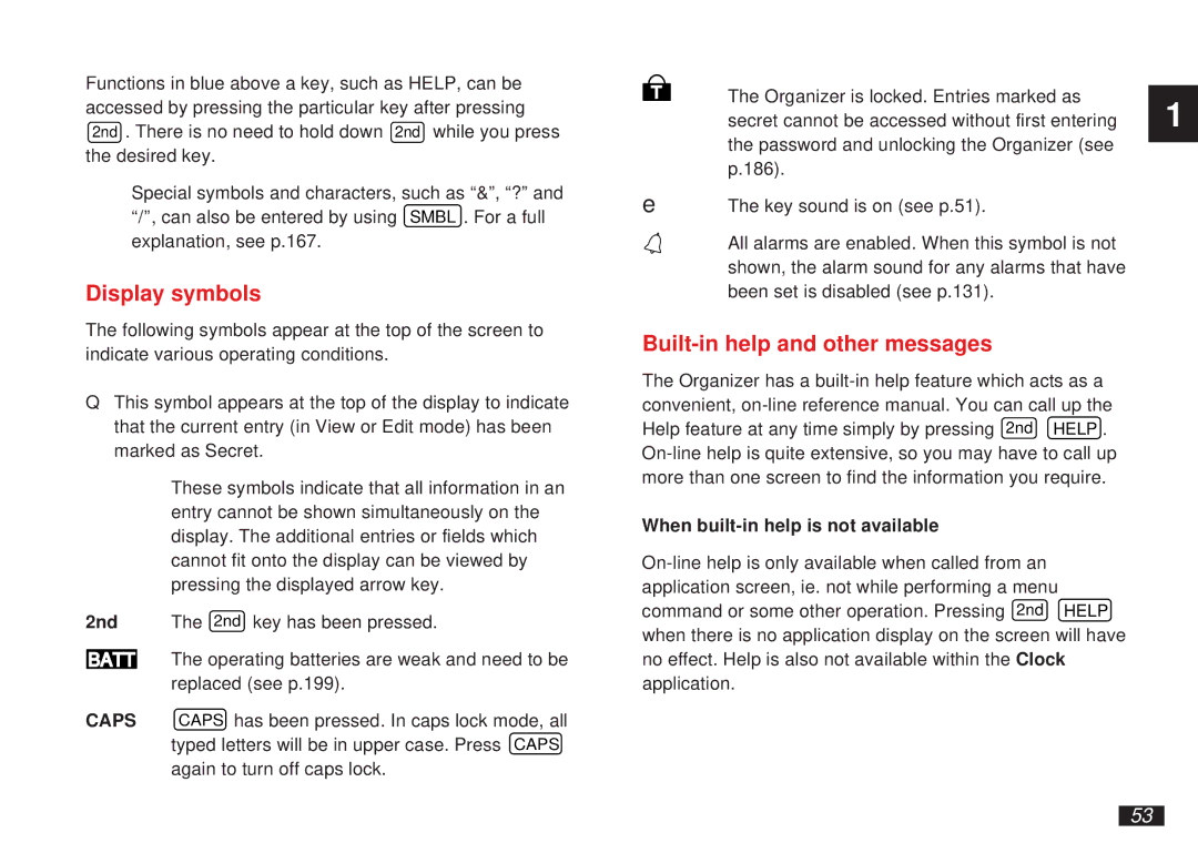 Sharp OZ-5500 operation manual Display symbols, Built-in help and other messages, 2nd, When built-in help is not available 