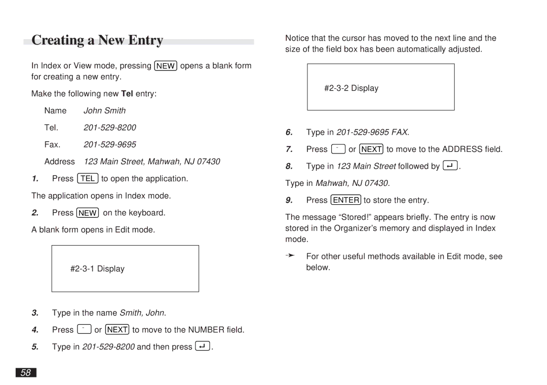 Sharp OZ-5500 operation manual Creating a New Entry, Name John Smith Tel Fax Address 123 Main Street, Mahwah, NJ 