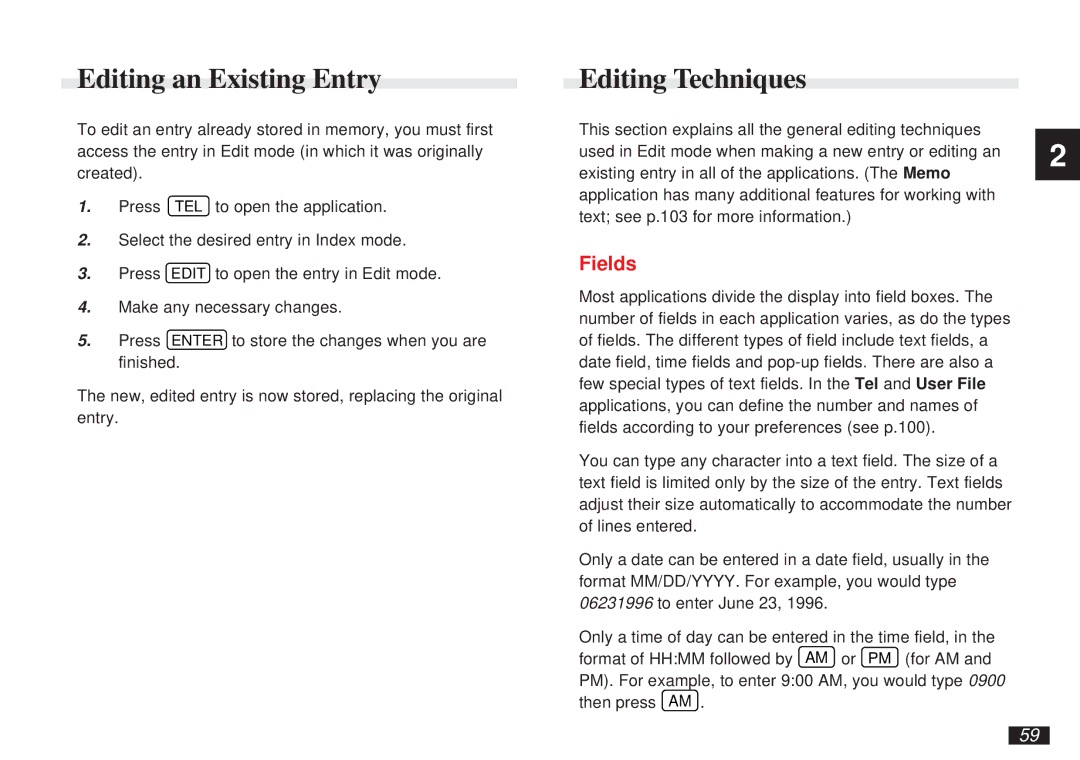 Sharp OZ-5500 operation manual Editing an Existing Entry, Editing Techniques, Fields 