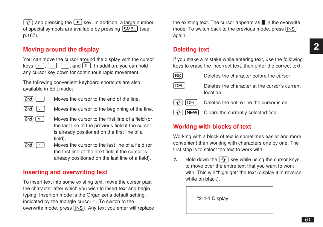 Sharp OZ-5500 Moving around the display, Inserting and overwriting text, Deleting text, Working with blocks of text 