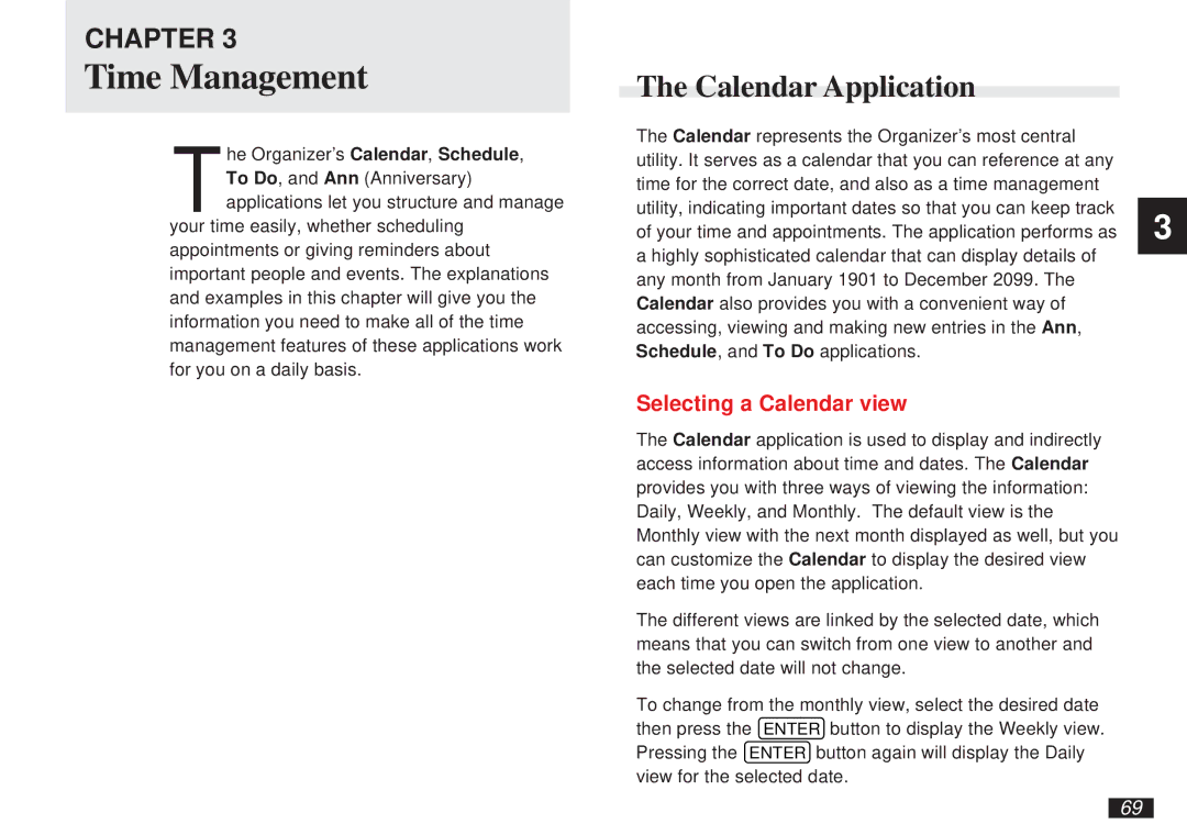 Sharp OZ-5500 operation manual Time Management, Calendar Application, Selecting a Calendar view 