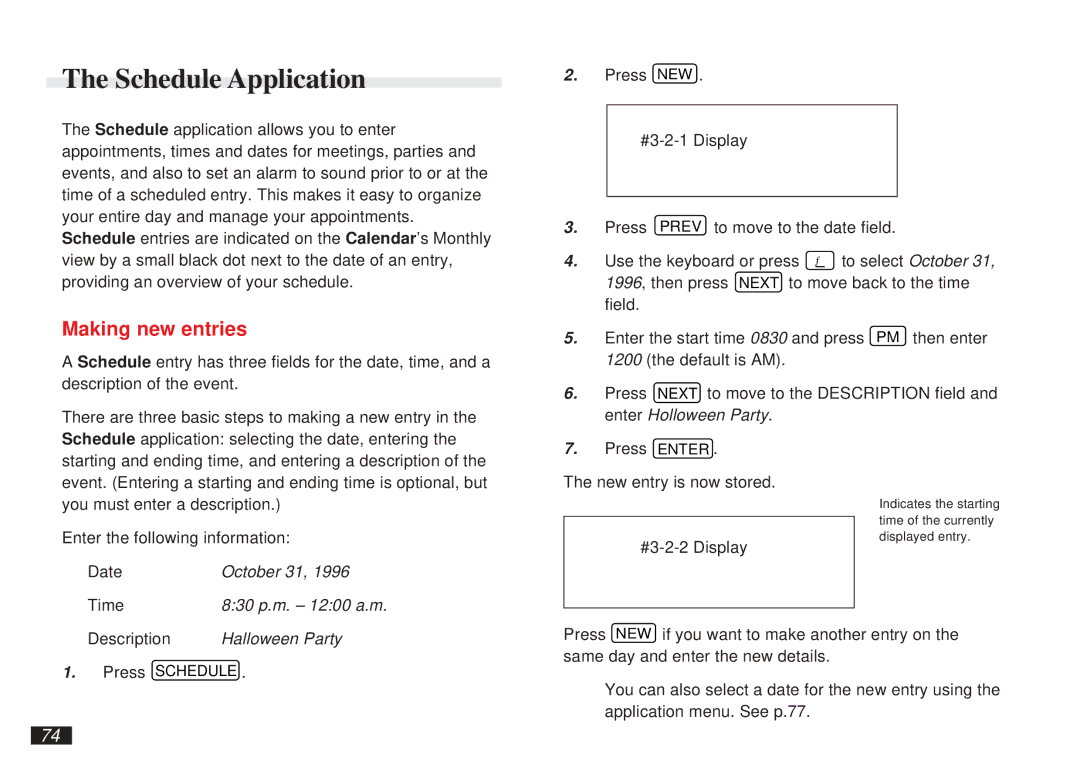 Sharp OZ-5500 operation manual Schedule Application, Making new entries 