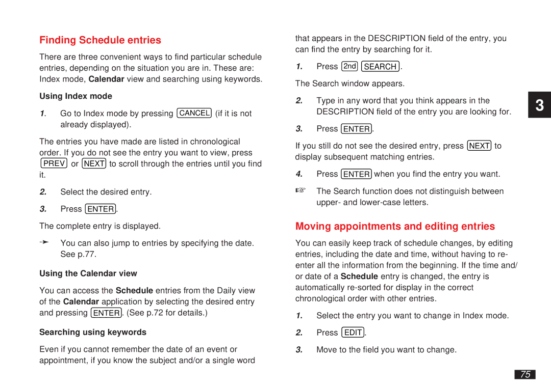 Sharp OZ-5500 Finding Schedule entries, Moving appointments and editing entries, Using Index mode, Using the Calendar view 