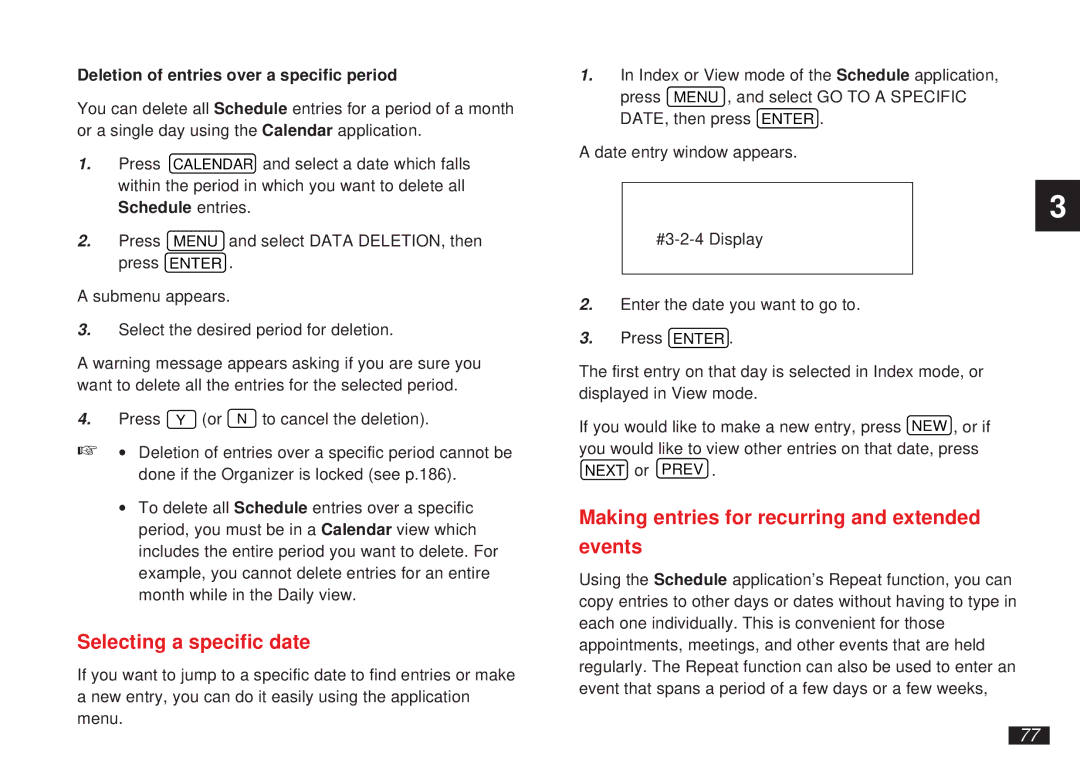 Sharp OZ-5500 operation manual Selecting a specific date, Making entries for recurring and extended Events 