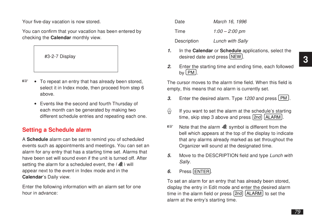 Sharp OZ-5500 operation manual Setting a Schedule alarm, Lunch with Sally 