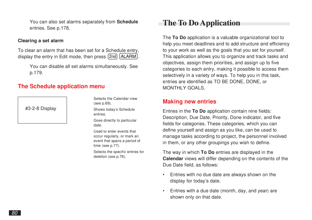 Sharp OZ-5500 operation manual To Do Application, Schedule application menu, Clearing a set alarm 