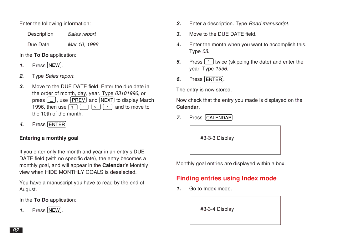 Sharp OZ-5500 operation manual Finding entries using Index mode, Entering a monthly goal 