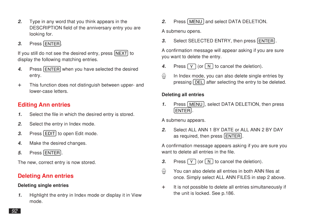 Sharp OZ-5500 operation manual Editing Ann entries, Deleting Ann entries 