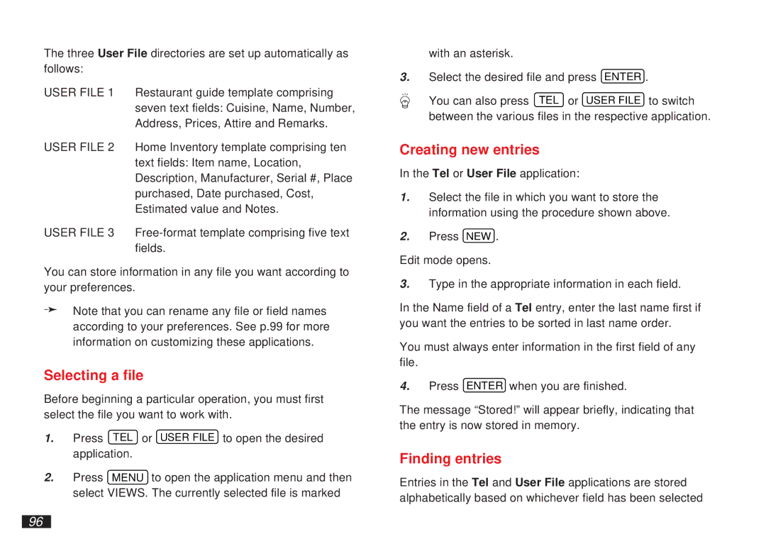 Sharp OZ-5500 operation manual Selecting a file, Creating new entries 