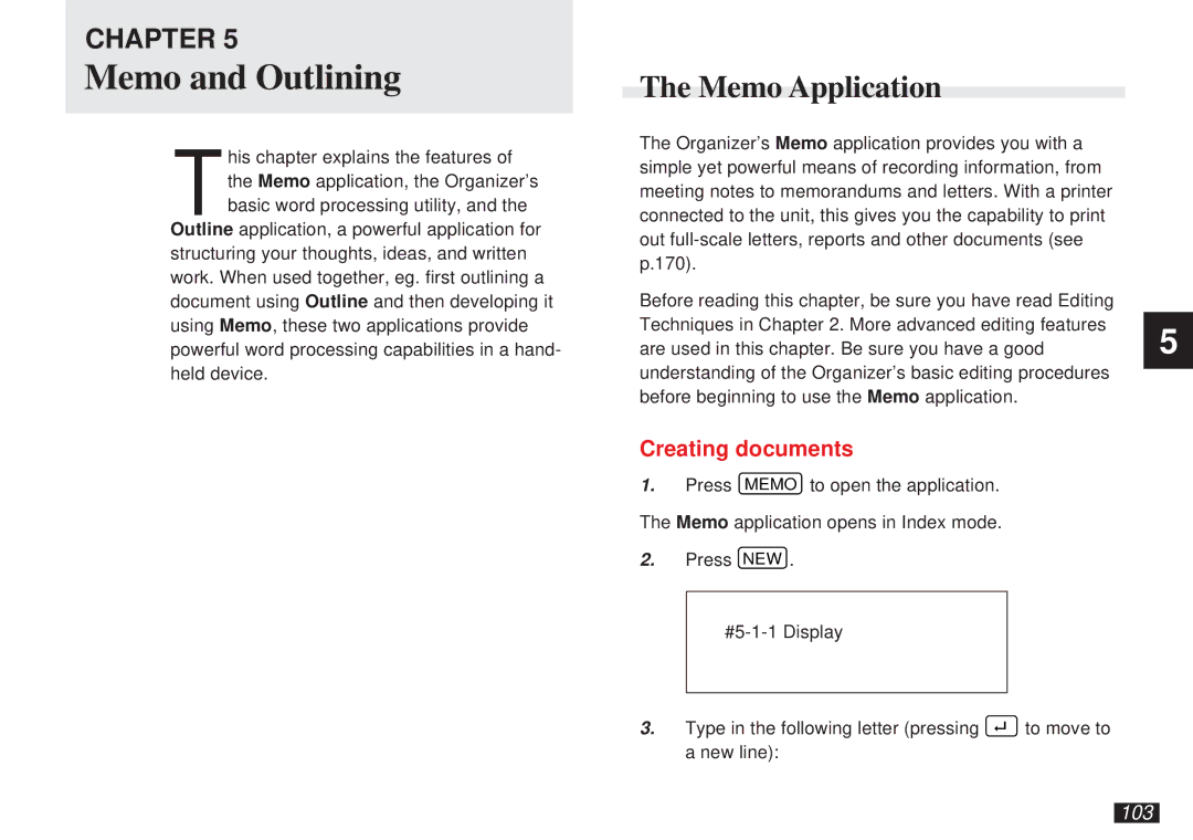 Sharp OZ-5600 operation manual Memo and Outlining, Memo Application, Creating documents, 103 