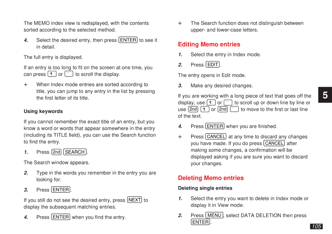 Sharp OZ-5600 operation manual Editing Memo entries, Deleting Memo entries, 105 