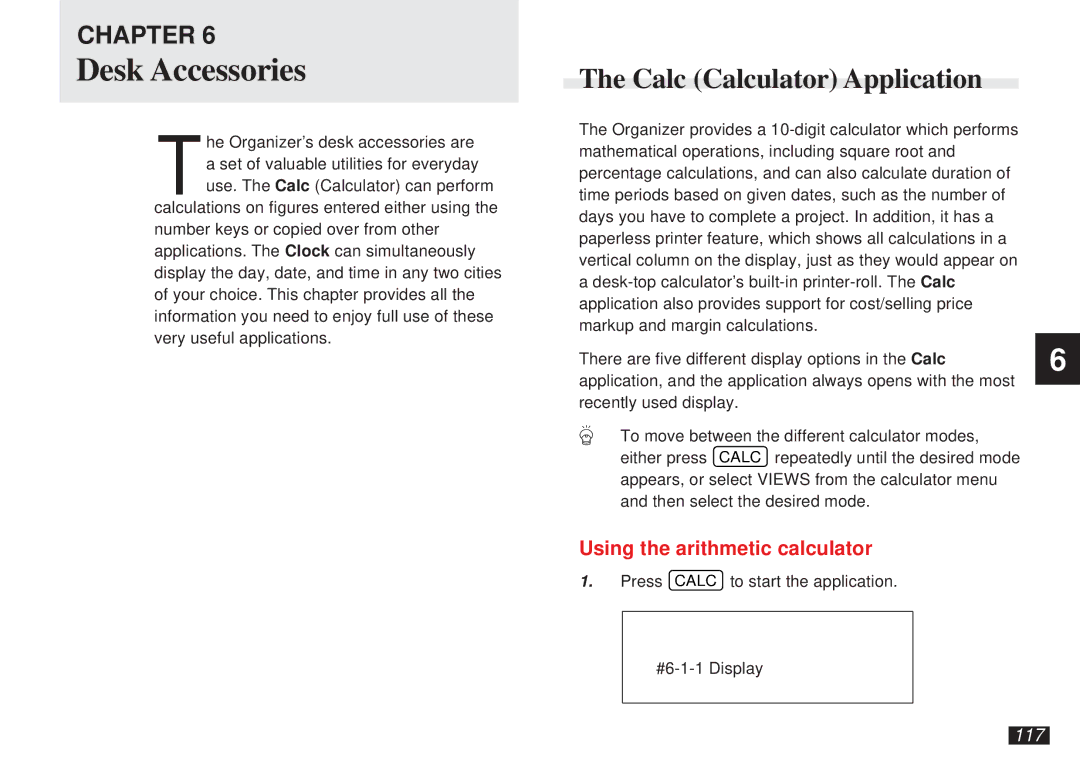 Sharp OZ-5600 operation manual Desk Accessories, Calc Calculator Application, Using the arithmetic calculator, 117 