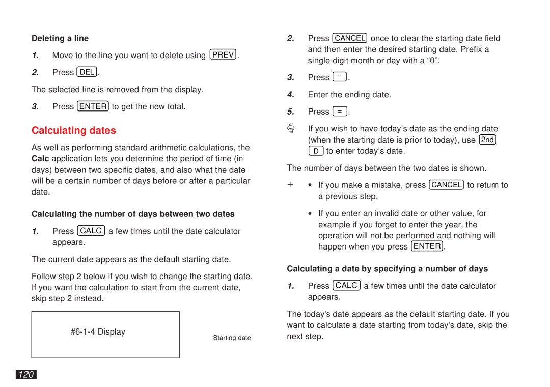 Sharp OZ-5600 operation manual Calculating dates, 120, Deleting a line, Calculating the number of days between two dates 