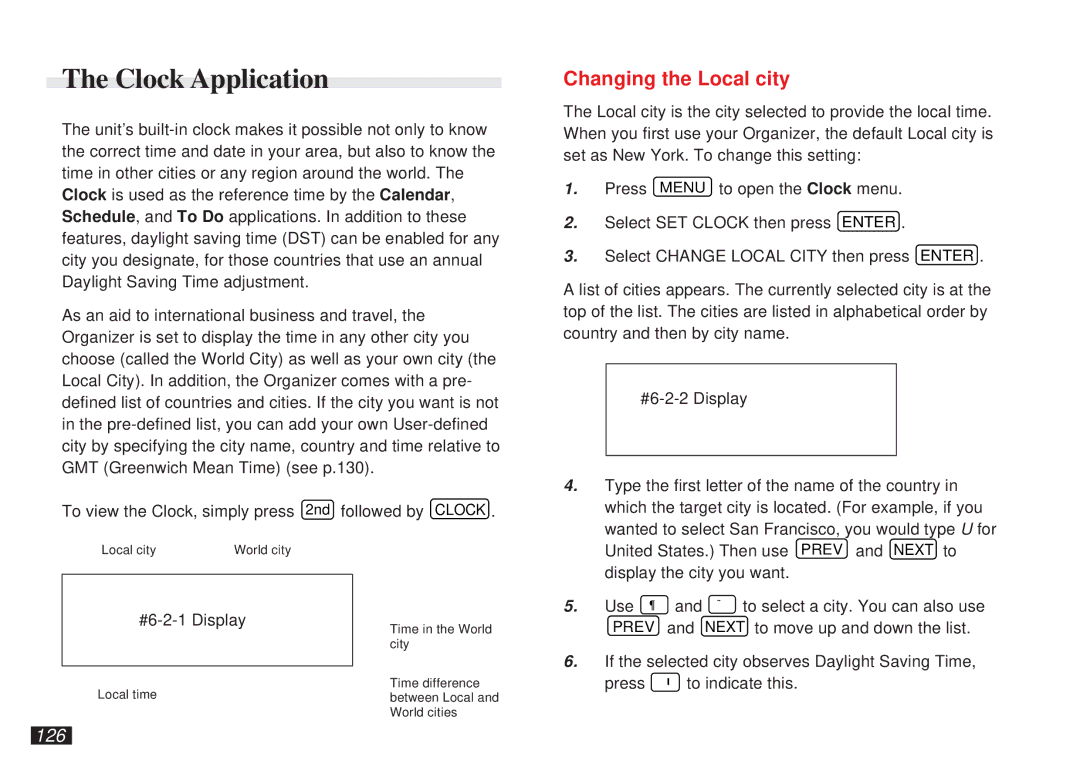 Sharp OZ-5600 operation manual Clock Application, Changing the Local city, 126 