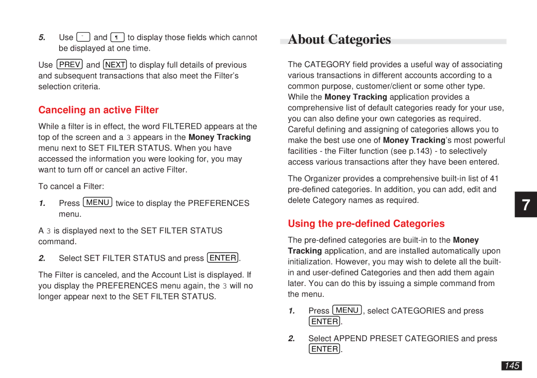 Sharp OZ-5600 operation manual About Categories, Canceling an active Filter, Using the pre-defined Categories, 145 