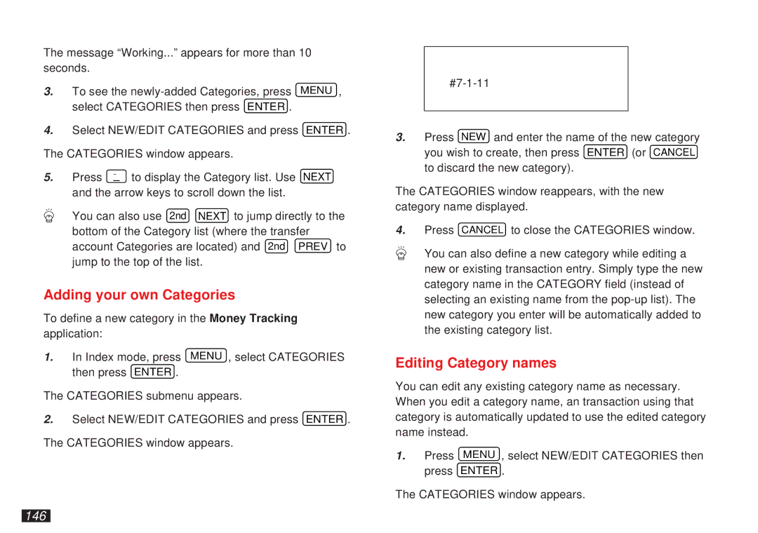 Sharp OZ-5600 operation manual Adding your own Categories, Editing Category names, 146 