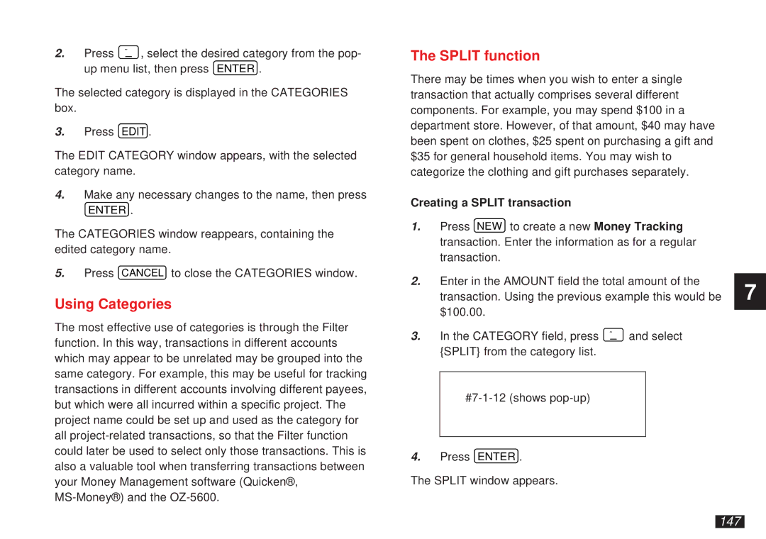 Sharp OZ-5600 operation manual Split function, 147, Creating a Split transaction 