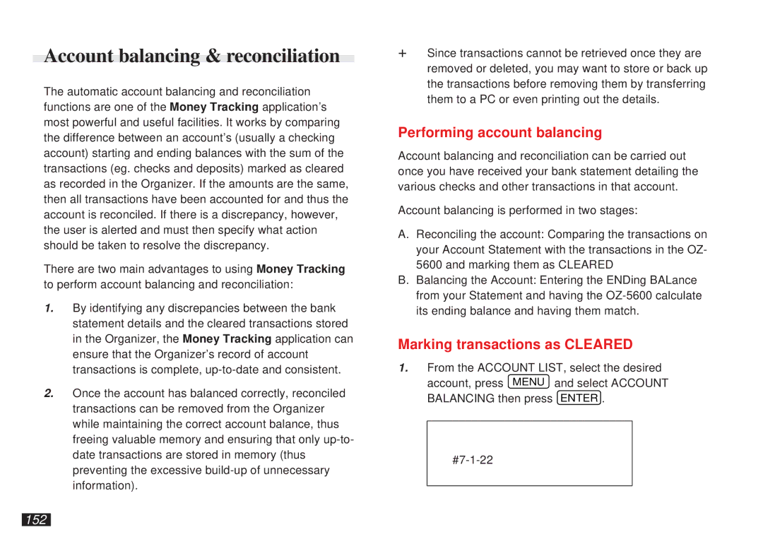 Sharp OZ-5600 Account balancing & reconciliation, Performing account balancing, Marking transactions as Cleared, 152 