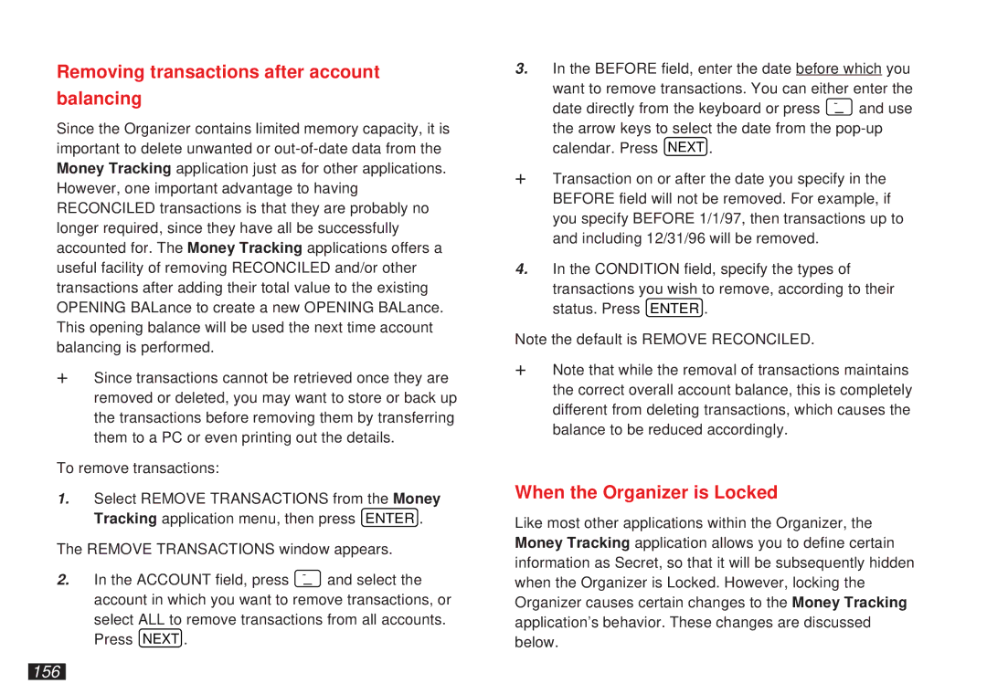 Sharp OZ-5600 operation manual Removing transactions after account Balancing, When the Organizer is Locked, 156 