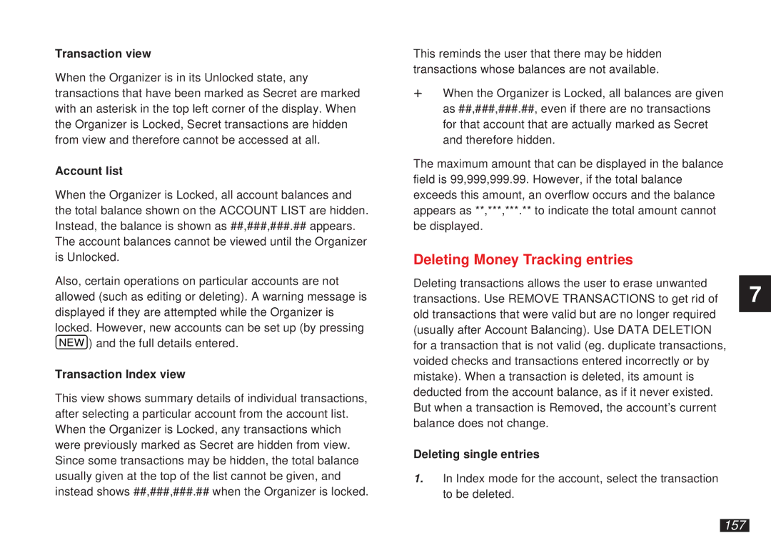 Sharp OZ-5600 operation manual Deleting Money Tracking entries, 157, Transaction view, Account list, Transaction Index view 