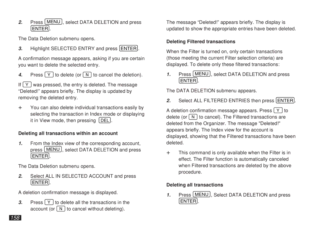 Sharp OZ-5600 operation manual 158, Deleting all transactions within an account, Deleting Filtered transactions 