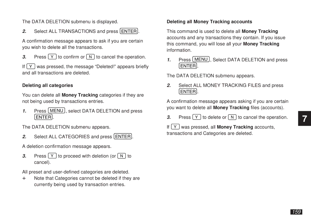 Sharp OZ-5600 operation manual 159, Deleting all categories, Deleting all Money Tracking accounts 