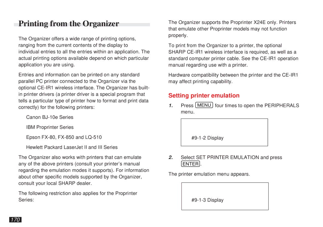 Sharp OZ-5600 operation manual Printing from the Organizer, Setting printer emulation, 170 