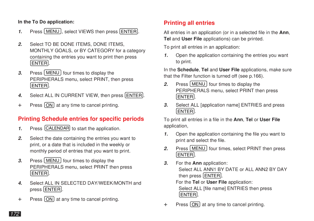 Sharp OZ-5600 operation manual Printing Schedule entries for specific periods, Printing all entries, 172, To Do application 