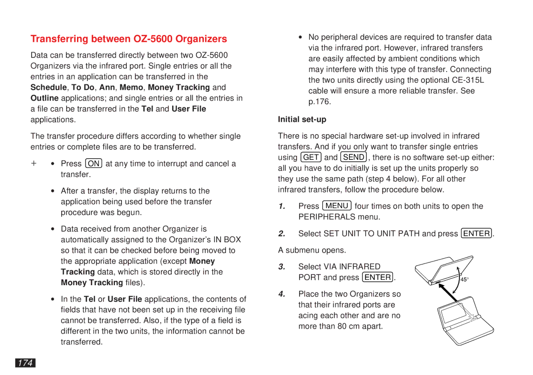 Sharp operation manual Transferring between OZ-5600 Organizers, 174, Initial set-up 