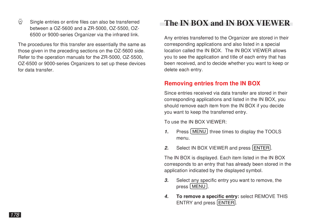 Sharp OZ-5600 operation manual BOX and in BOX Viewer, Removing entries from the in BOX, 178 