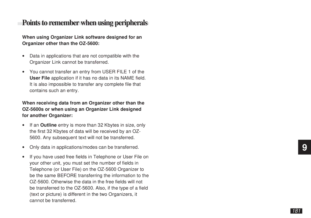 Sharp OZ-5600 operation manual Points to remember when using peripherals, 181 