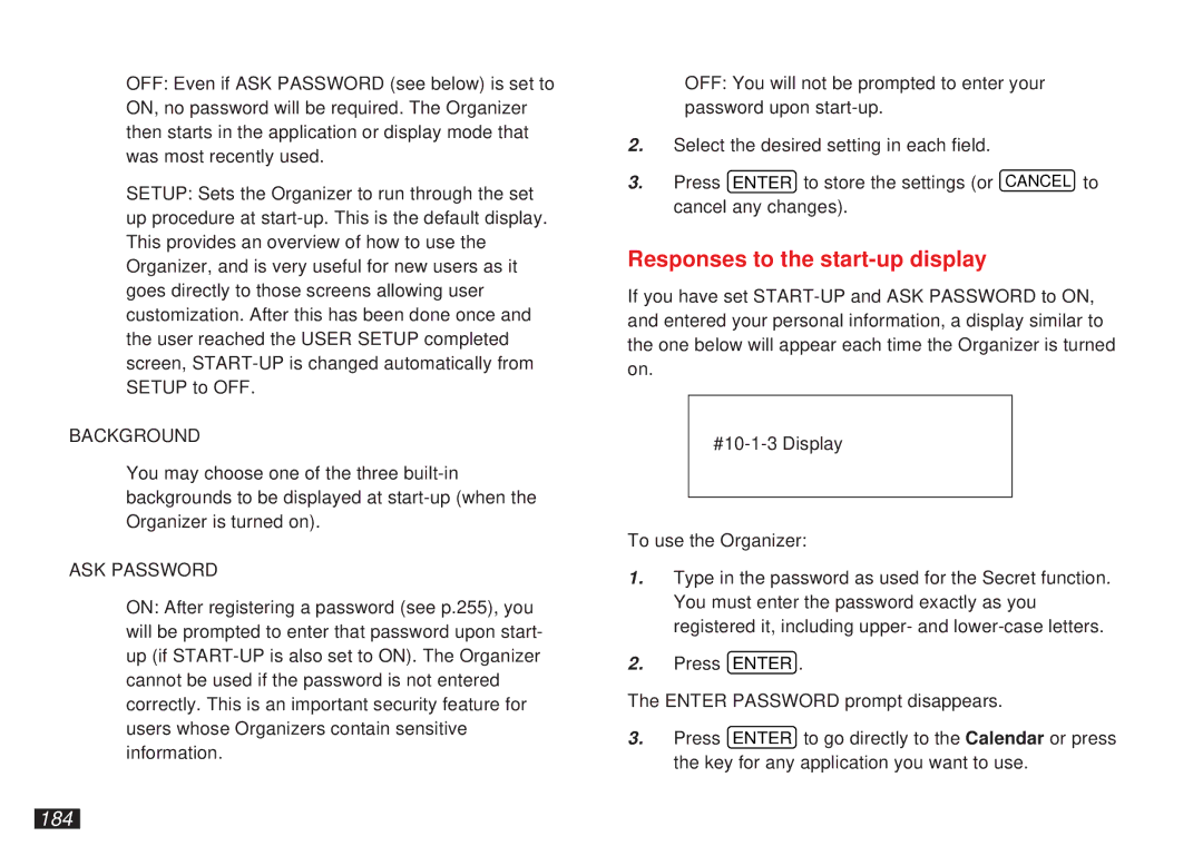 Sharp OZ-5600 operation manual Responses to the start-up display, 184 