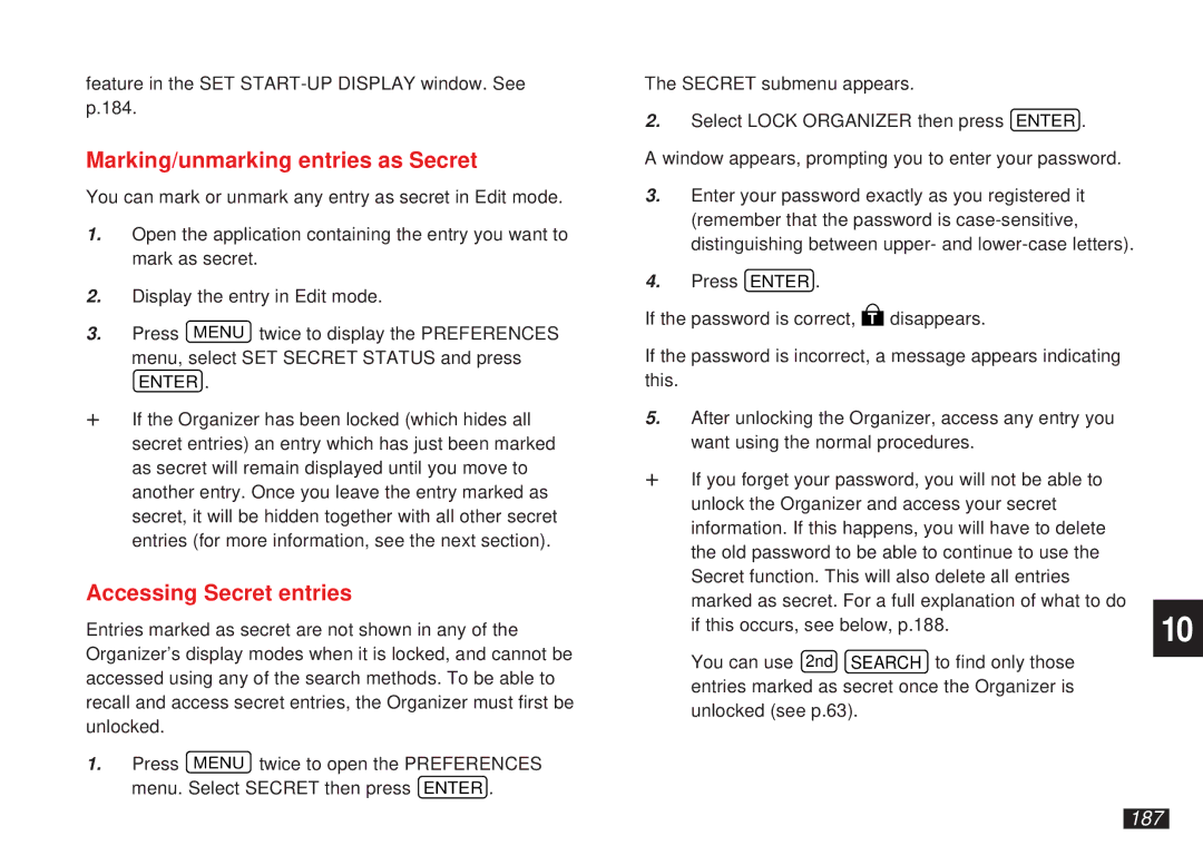 Sharp OZ-5600 operation manual Marking/unmarking entries as Secret, Accessing Secret entries, 187 