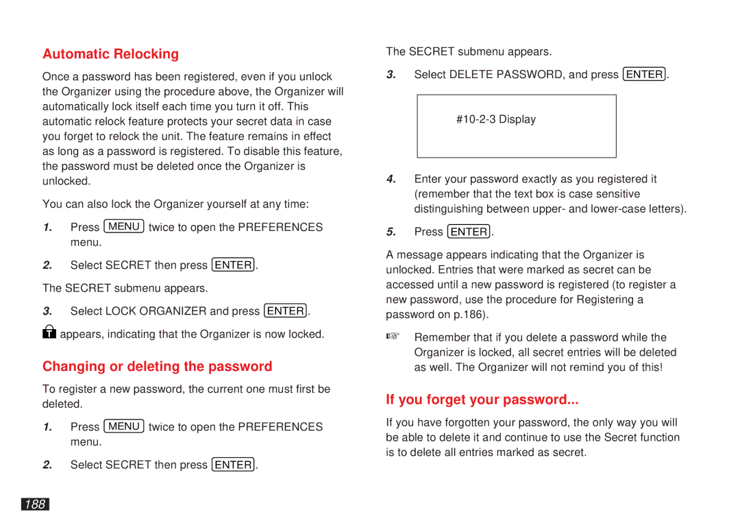 Sharp OZ-5600 operation manual Automatic Relocking, Changing or deleting the password, If you forget your password, 188 