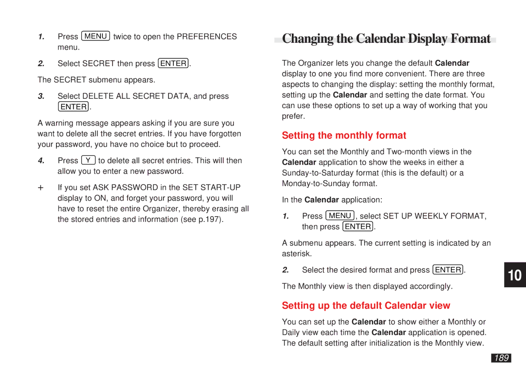 Sharp OZ-5600 operation manual Setting the monthly format, Setting up the default Calendar view, 189 