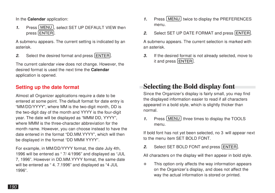 Sharp OZ-5600 operation manual Selecting the Bold display font, Setting up the date format, 190 