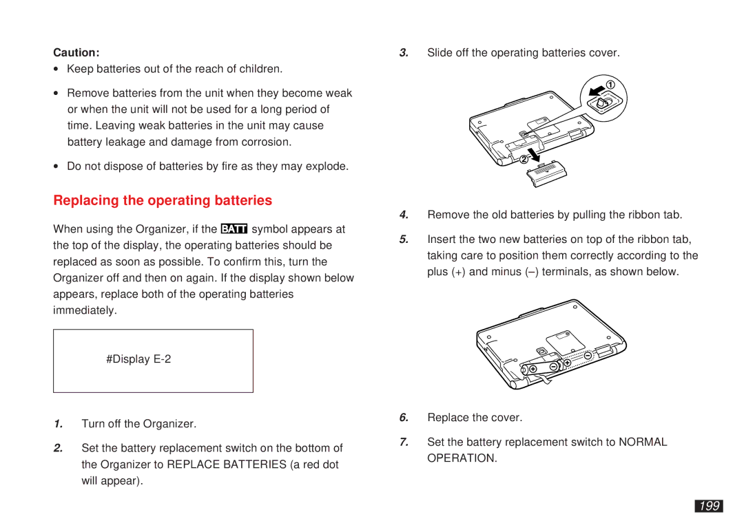 Sharp OZ-5600 operation manual Replacing the operating batteries, 199 