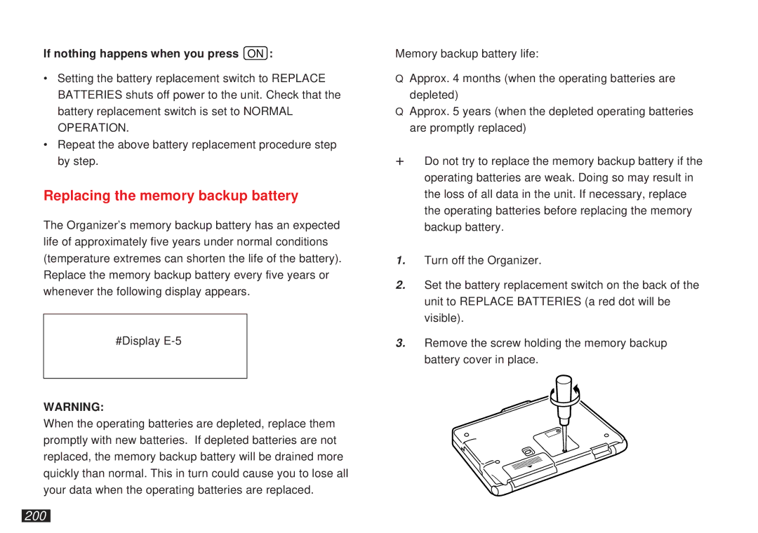 Sharp OZ-5600 operation manual Replacing the memory backup battery, 200, If nothing happens when you press on 