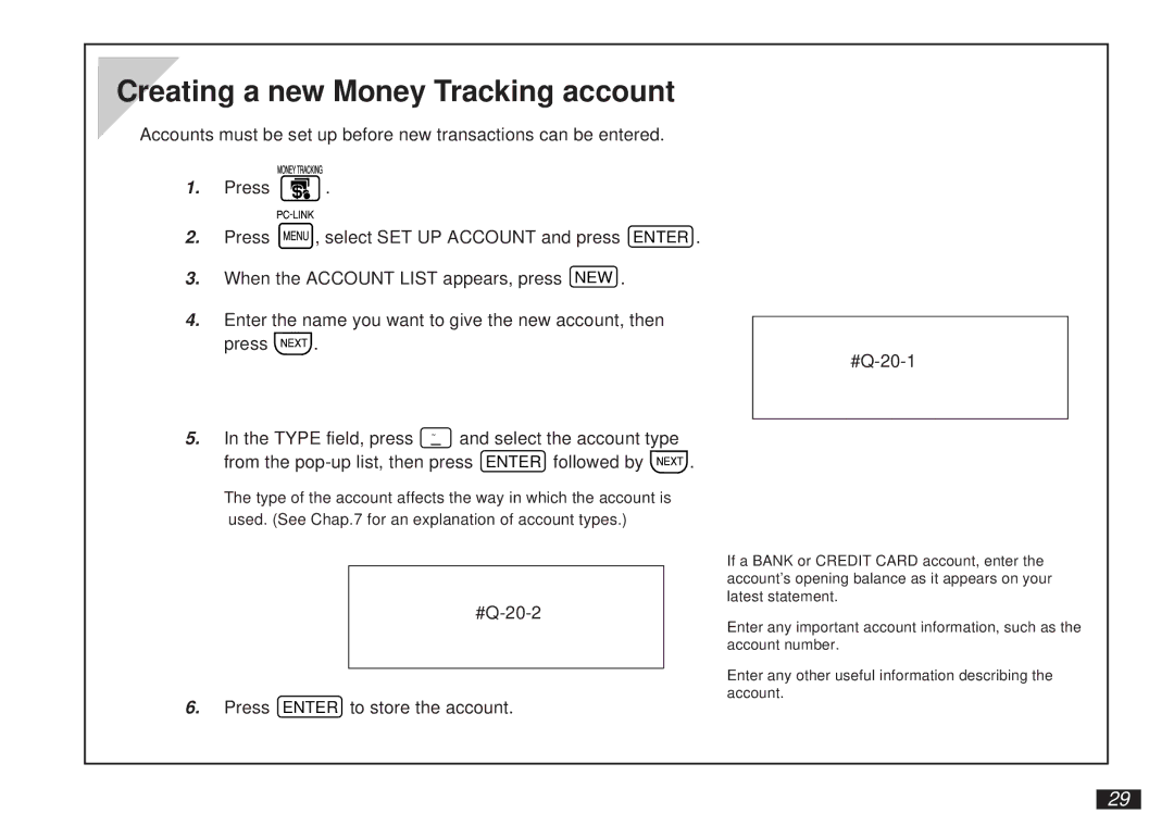 Sharp OZ-5600 operation manual Creating a new Money Tracking account, #Q-20-2 