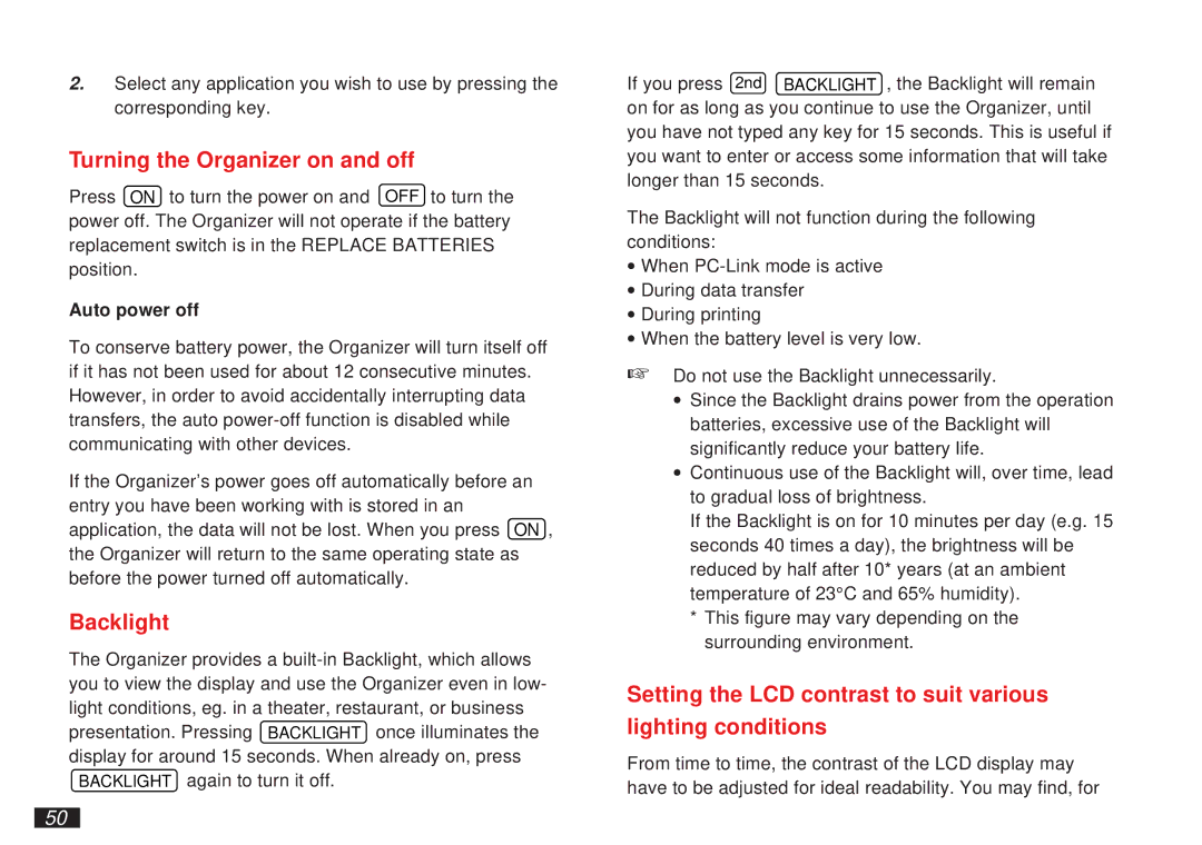 Sharp OZ-5600 operation manual Turning the Organizer on and off, Backlight, Auto power off 