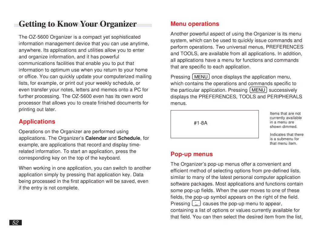 Sharp OZ-5600 operation manual Getting to Know Your Organizer, Menu operations, Applications, Pop-up menus 