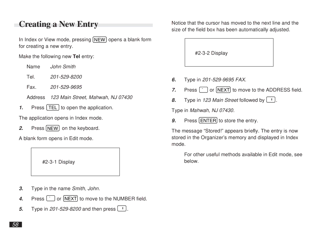 Sharp OZ-5600 operation manual Creating a New Entry, Name John Smith Tel Fax Address 123 Main Street, Mahwah, NJ 