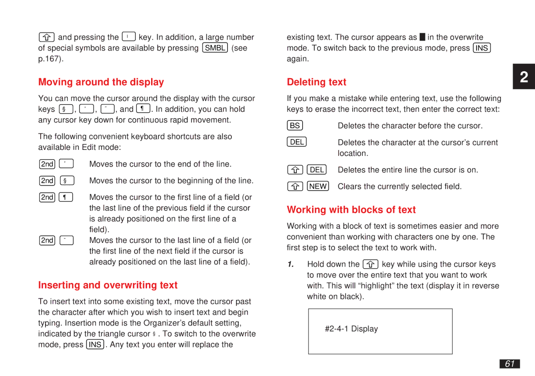 Sharp OZ-5600 Moving around the display, Inserting and overwriting text, Deleting text, Working with blocks of text 