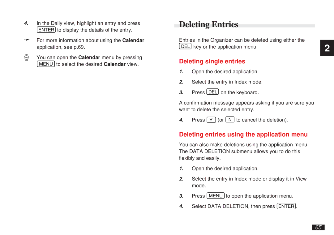 Sharp OZ-5600 operation manual Deleting Entries, Deleting single entries, Deleting entries using the application menu 