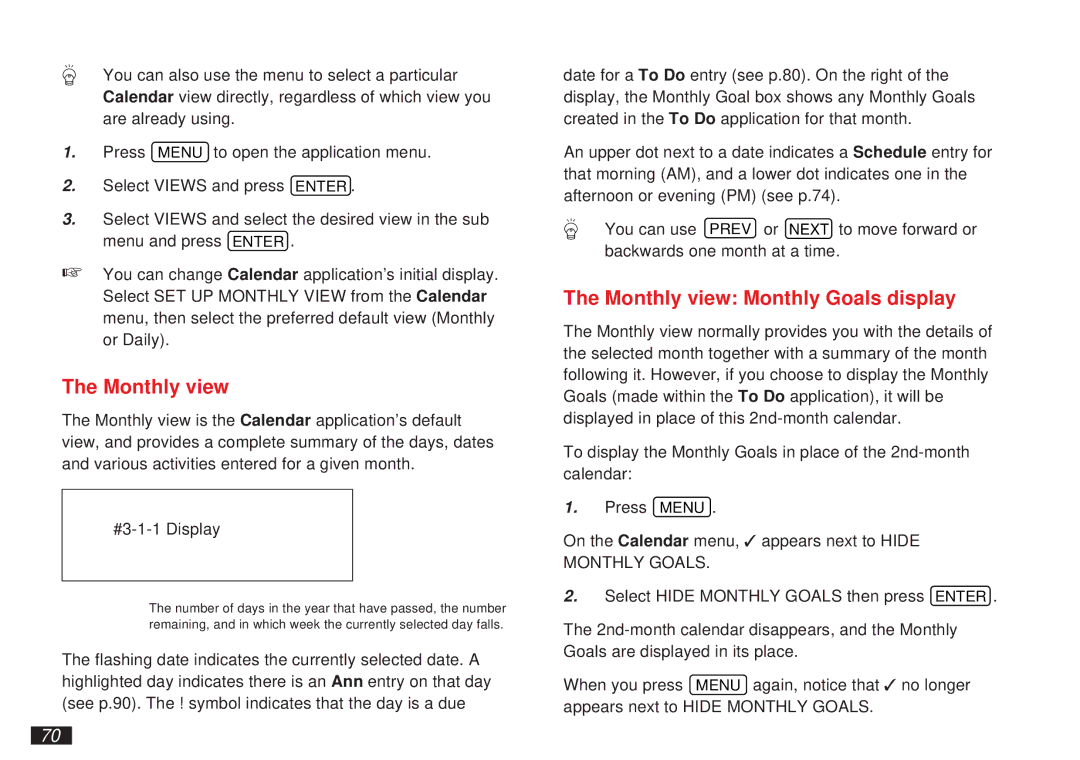 Sharp OZ-5600 operation manual Monthly view Monthly Goals display 