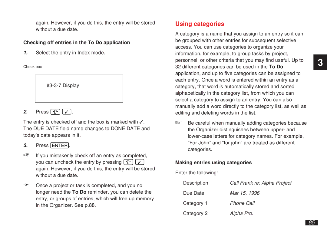 Sharp OZ-5600 Using categories, Checking off entries in the To Do application, Making entries using categories 