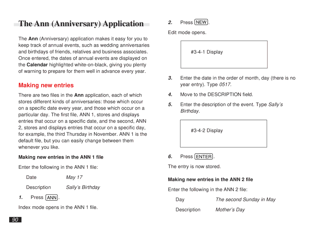 Sharp OZ-5600 Ann Anniversary Application, Making new entries in the ANN 1 file, Making new entries in the ANN 2 file 