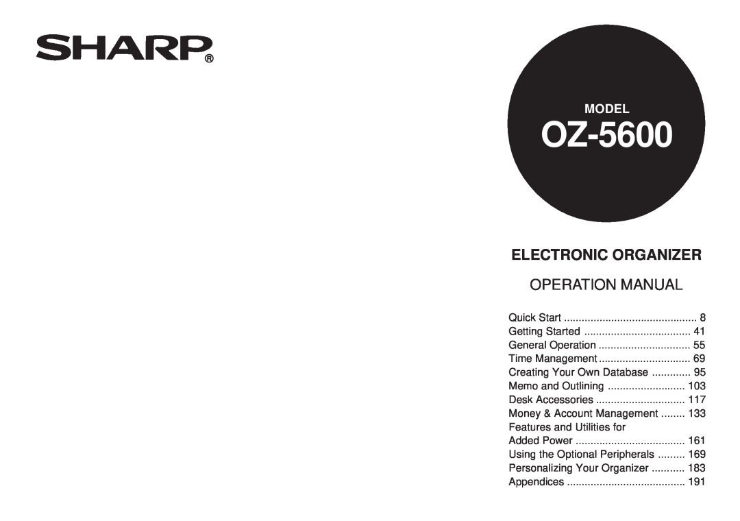 Sharp OZ-5600 operation manual Operation Manual, Electronic Organizer, Model 